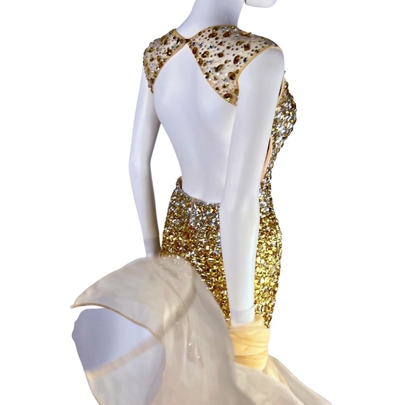 Sagaie Paris | NWOT Gold Crystal Embellished Backless Cocktail Dress Size Small - Picture 9 of 11